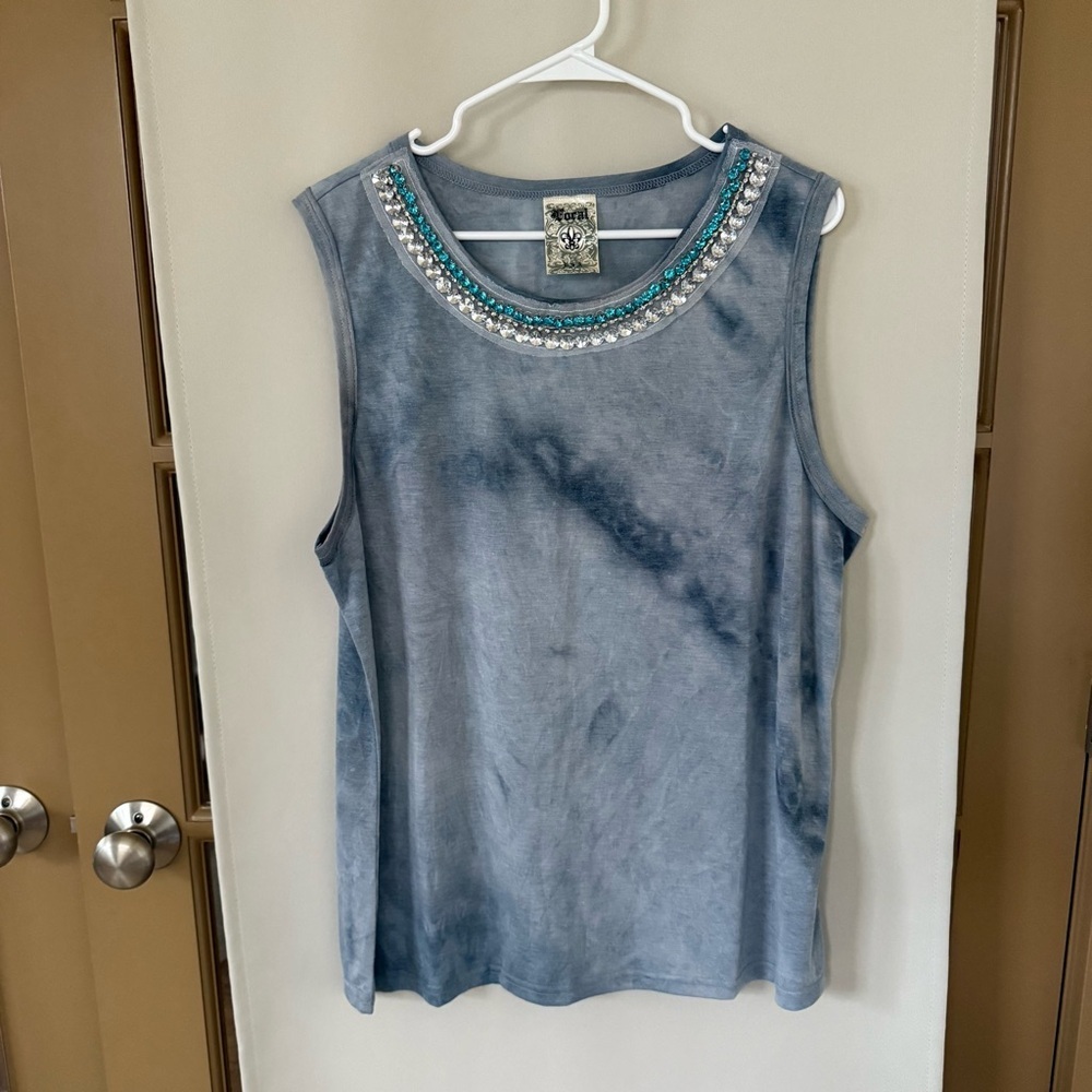 Vocal Womens 2XL Blue Tie Dye Rhinestone Trim Tank Top